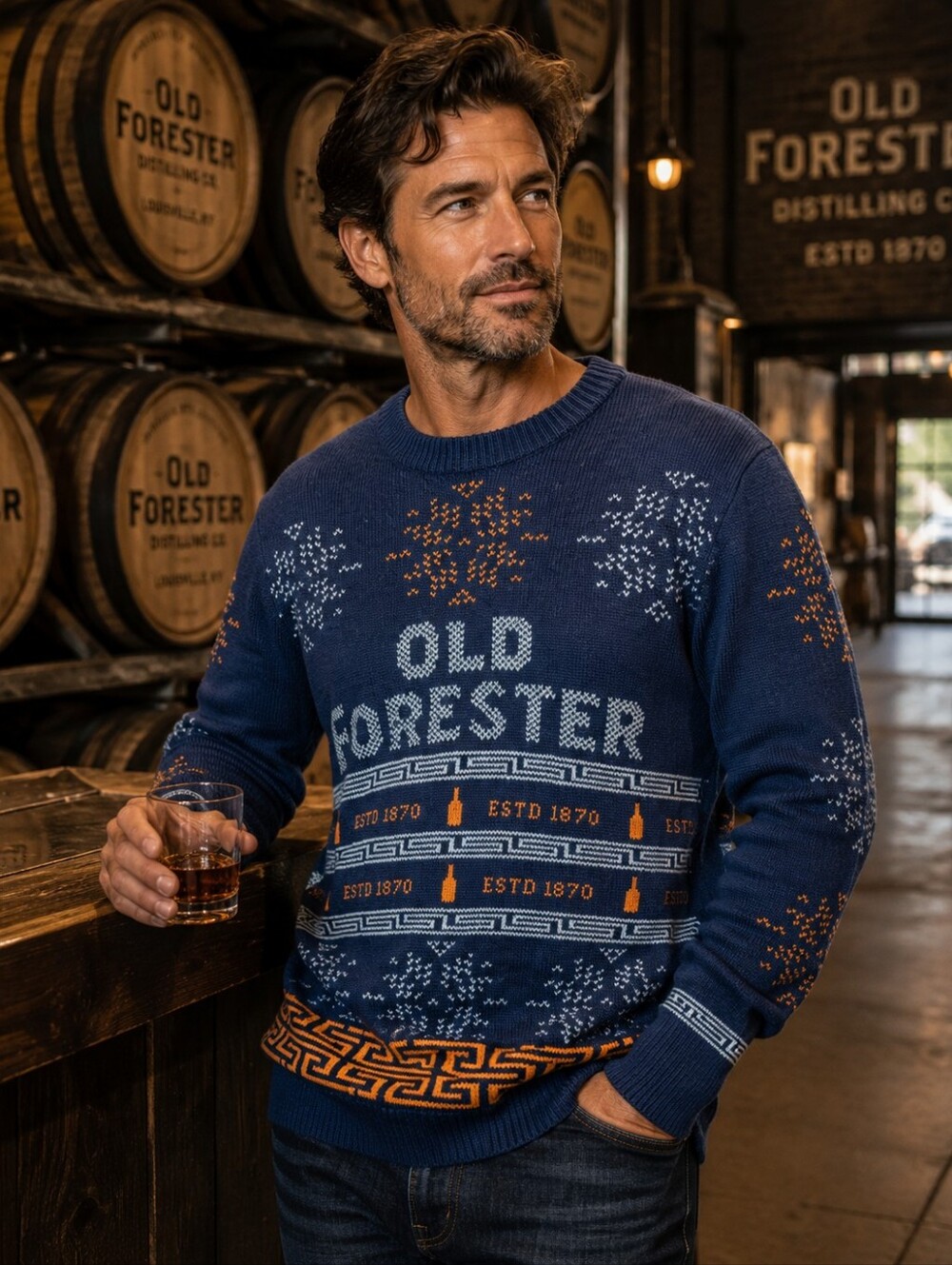OLD FORESTER BOURBON Mens Embroidered Sweater Navy Blue Orange Size Large